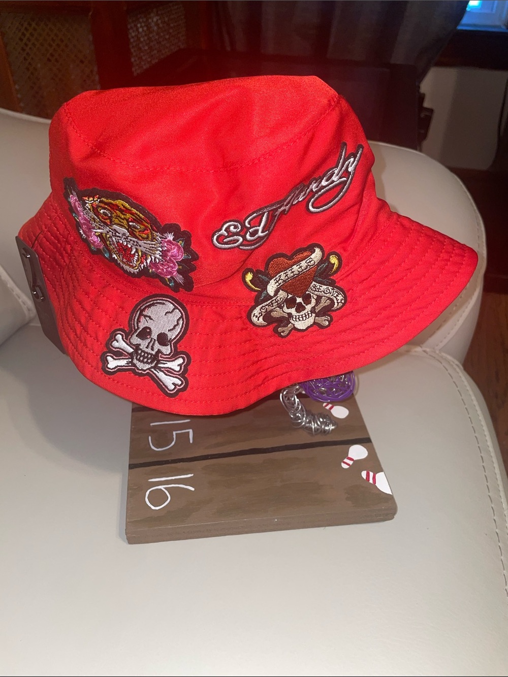 Ed Hardy Red Embroidered Patch Bucket Hat women